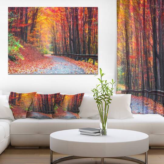 Designart "Road in Beautiful Autumn Forest" Modern Forest Canvas Art